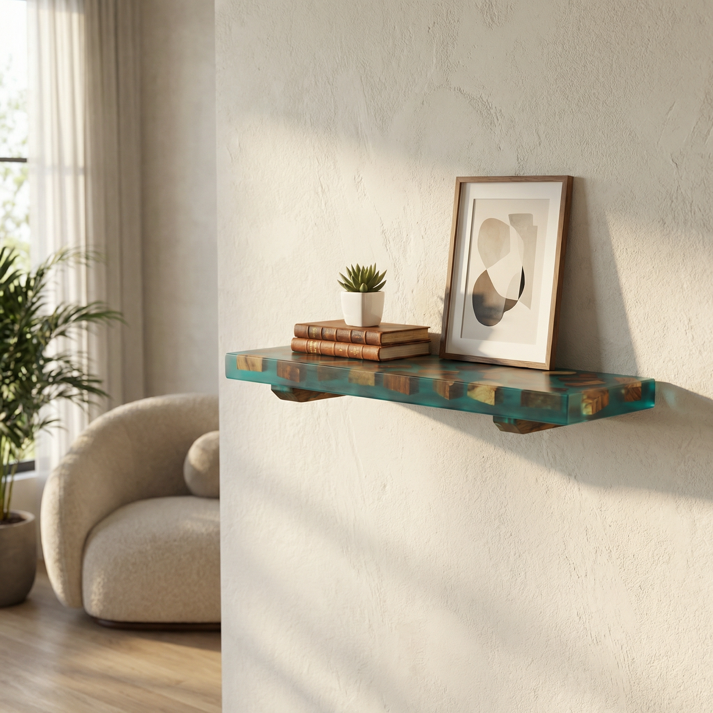 Ocean Resin Floating Wall Shelf with Wood Inlay - Woods And Knots