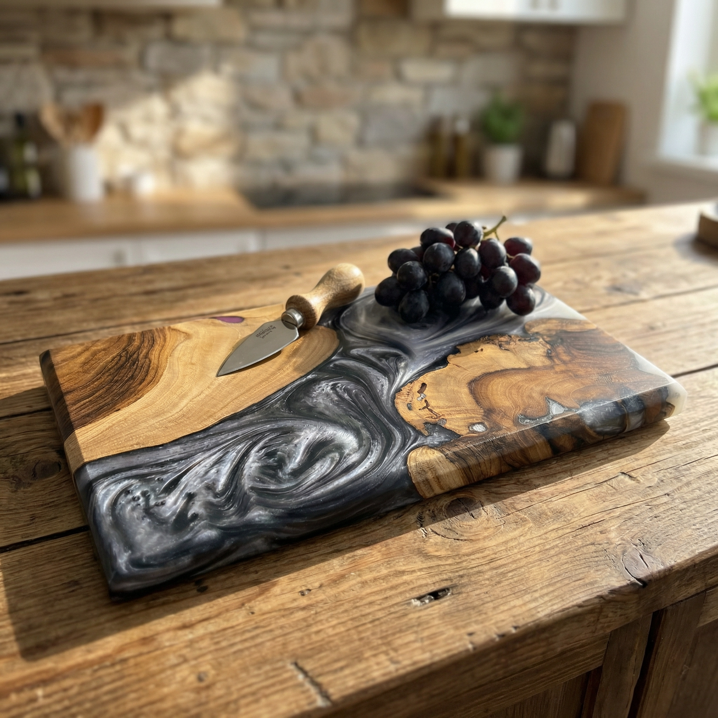Handcrafted Smoky Grey Epoxy & Live Edge Wood Cheese Board - Woods And Knots