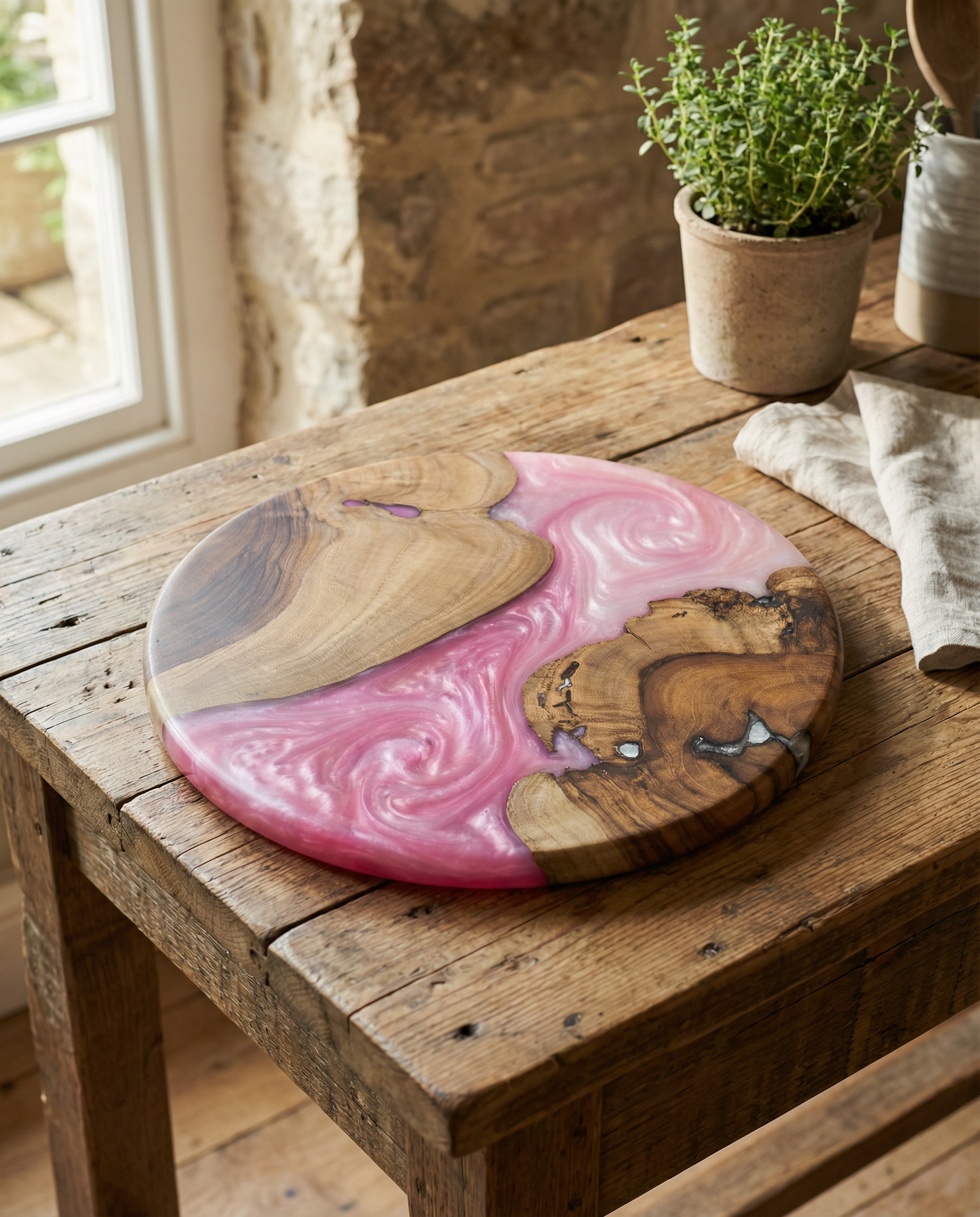 Handcrafted Blush Pink Epoxy & Live Edge Wood Cheese Board - Woods And Knots