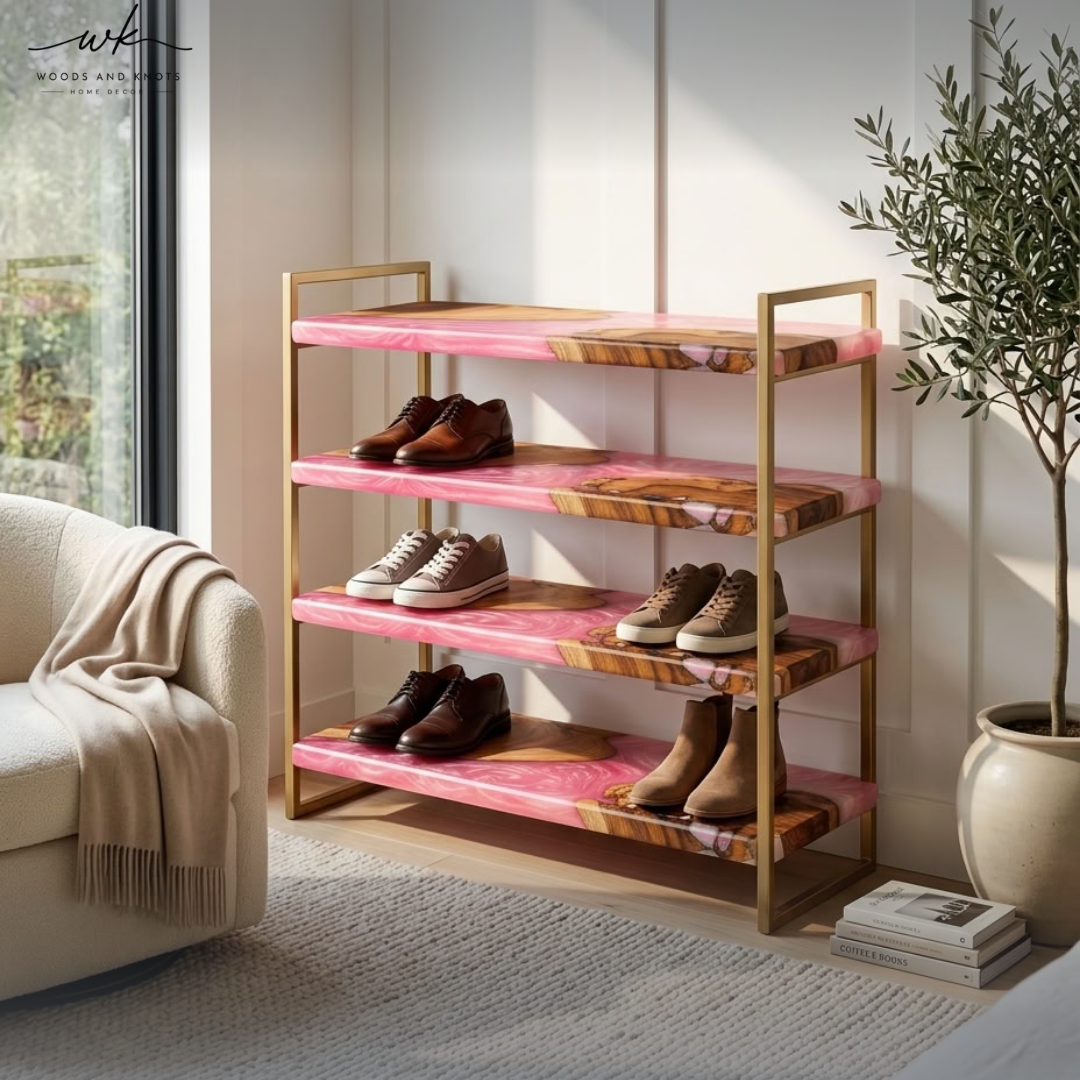 Pink Epoxy Resin & Wood Shoe Rack | 4-Tier Handmade Shoe Organizer