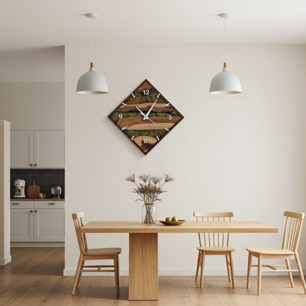 Handcrafted Square Epoxy Wood Wall Clock with Green Moss Inlay – Modern Rustic Design by Woods and Knots