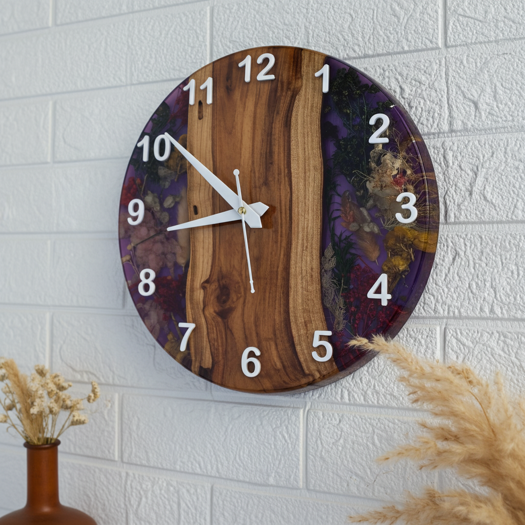 Handmade Epoxy Wood Clock with Dried Flowers - Woods And Knots
