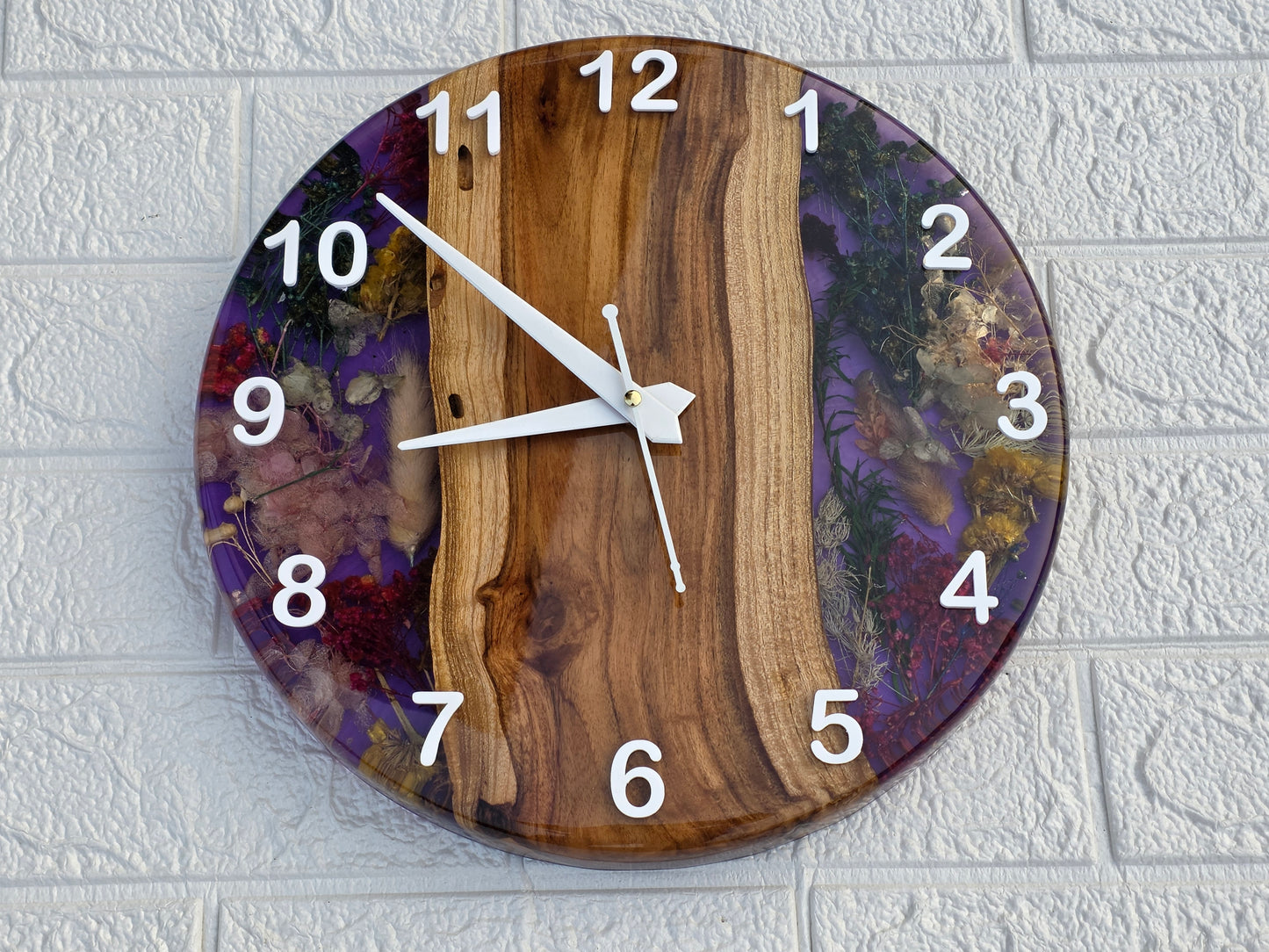Handmade Epoxy Wood Clock with Dried Flowers - Woods And Knots