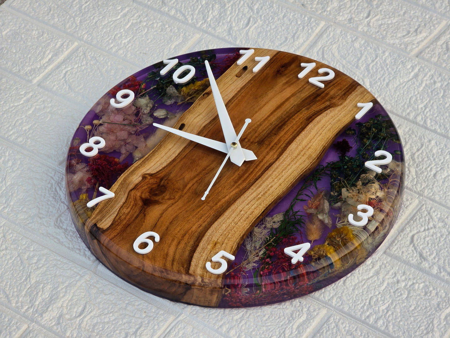 Handmade Epoxy Wood Clock with Dried Flowers - Woods And Knots