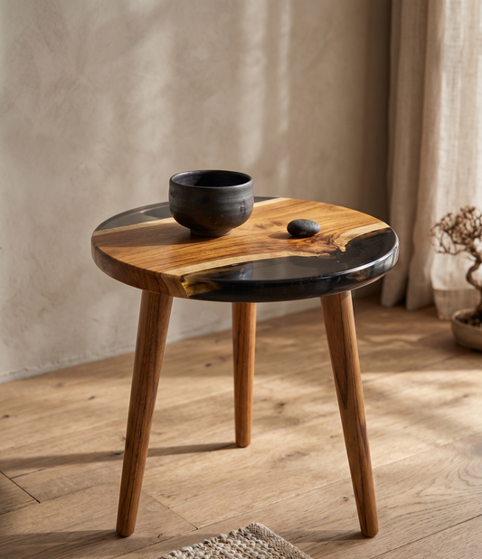 Round Black Resin & Wood Side Table