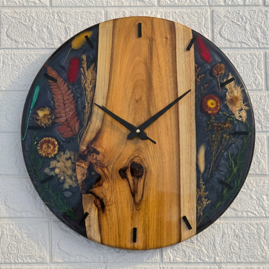 Natural Wood & Black Resin Wall Clock with Dried Flowers - Woods And Knots