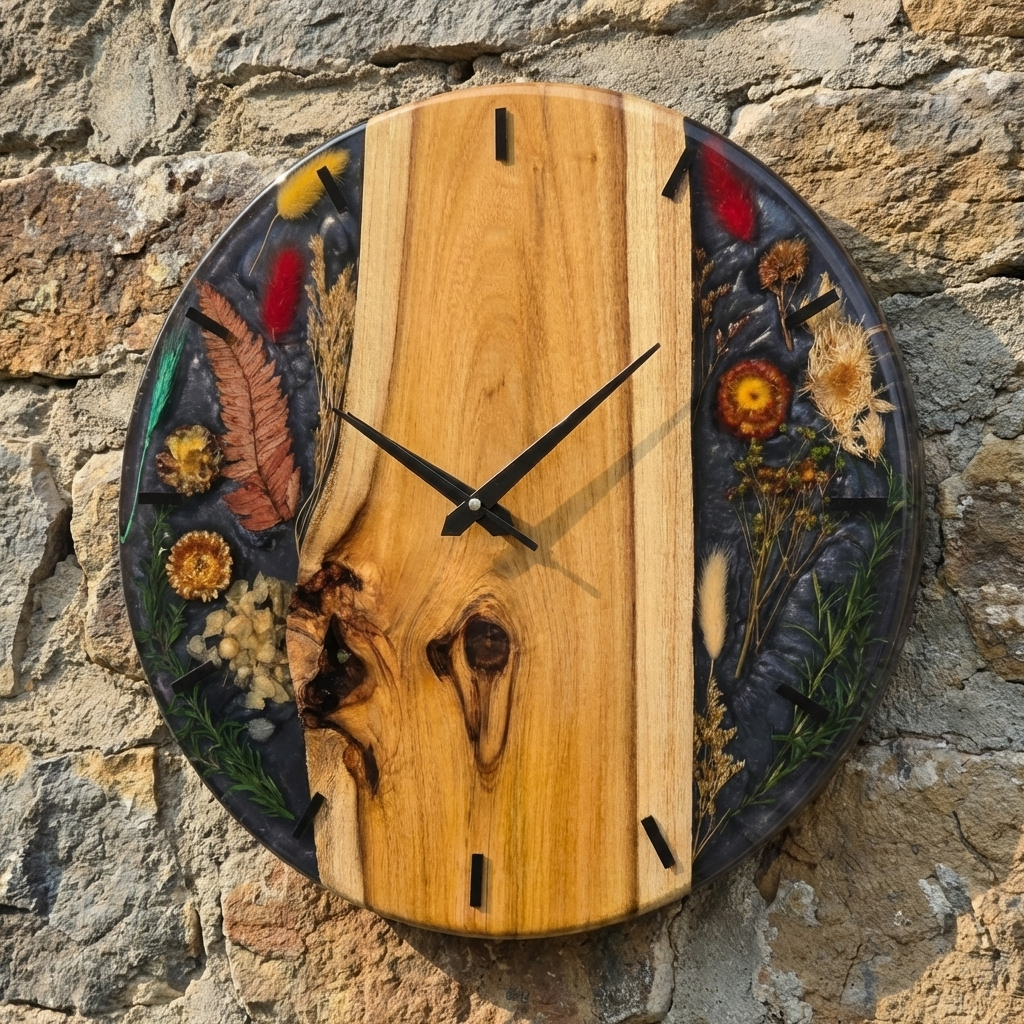 Natural Wood & Black Resin Wall Clock with Dried Flowers - Woods And Knots