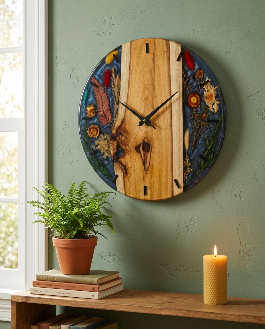 Natural Wood & Black Resin Wall Clock with Dried Flowers - Woods And Knots