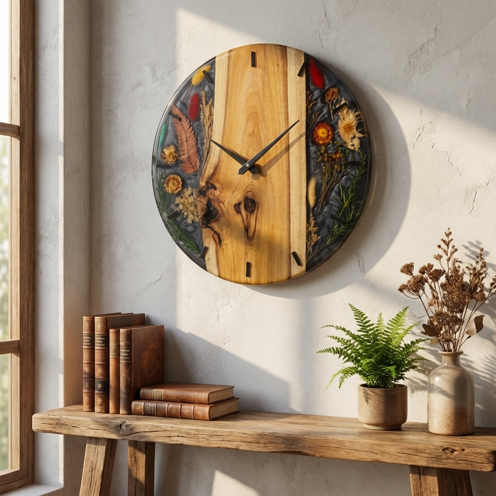 Natural Wood & Black Resin Wall Clock with Dried Flowers - Woods And Knots