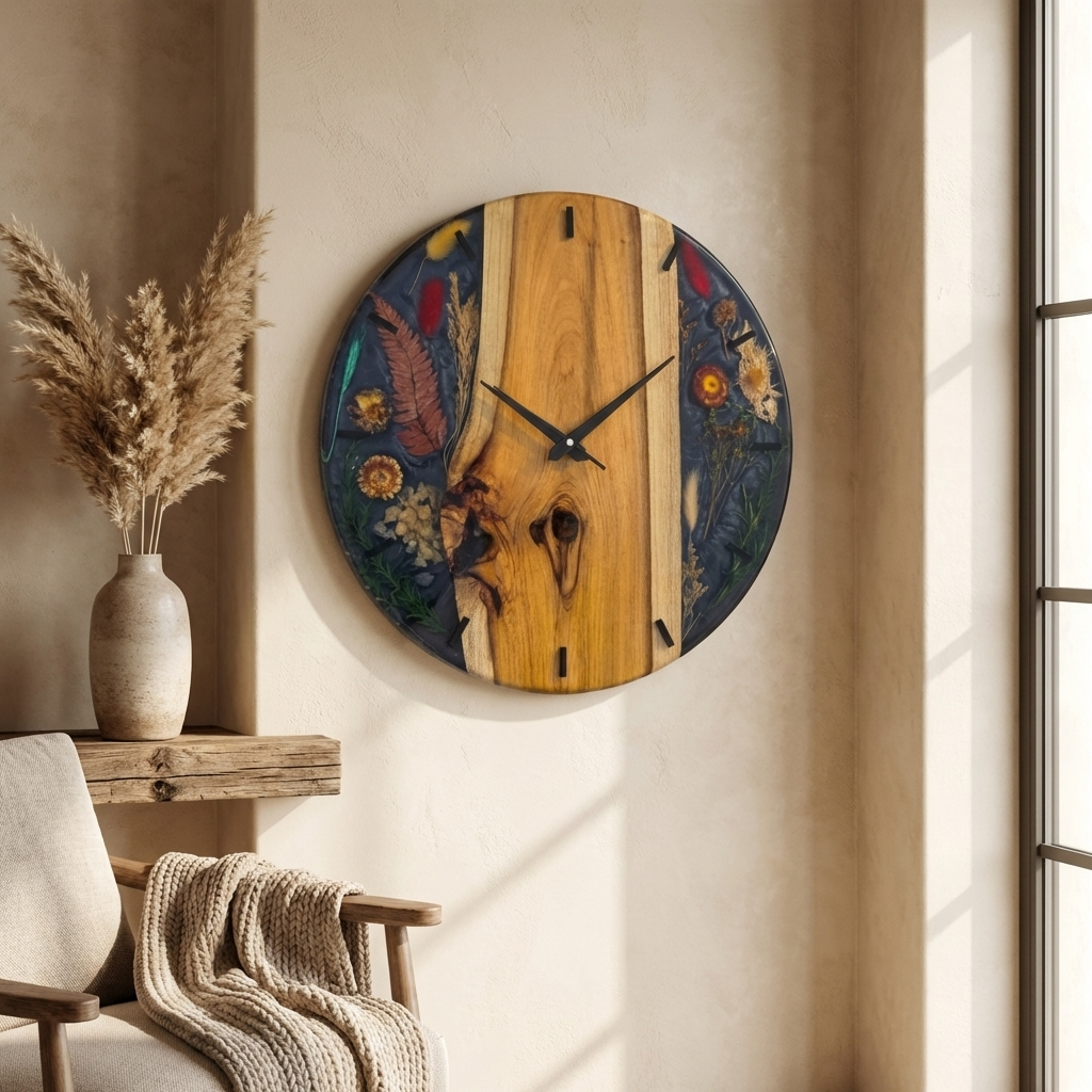Natural Wood & Black Resin Wall Clock with Dried Flowers - Woods And Knots