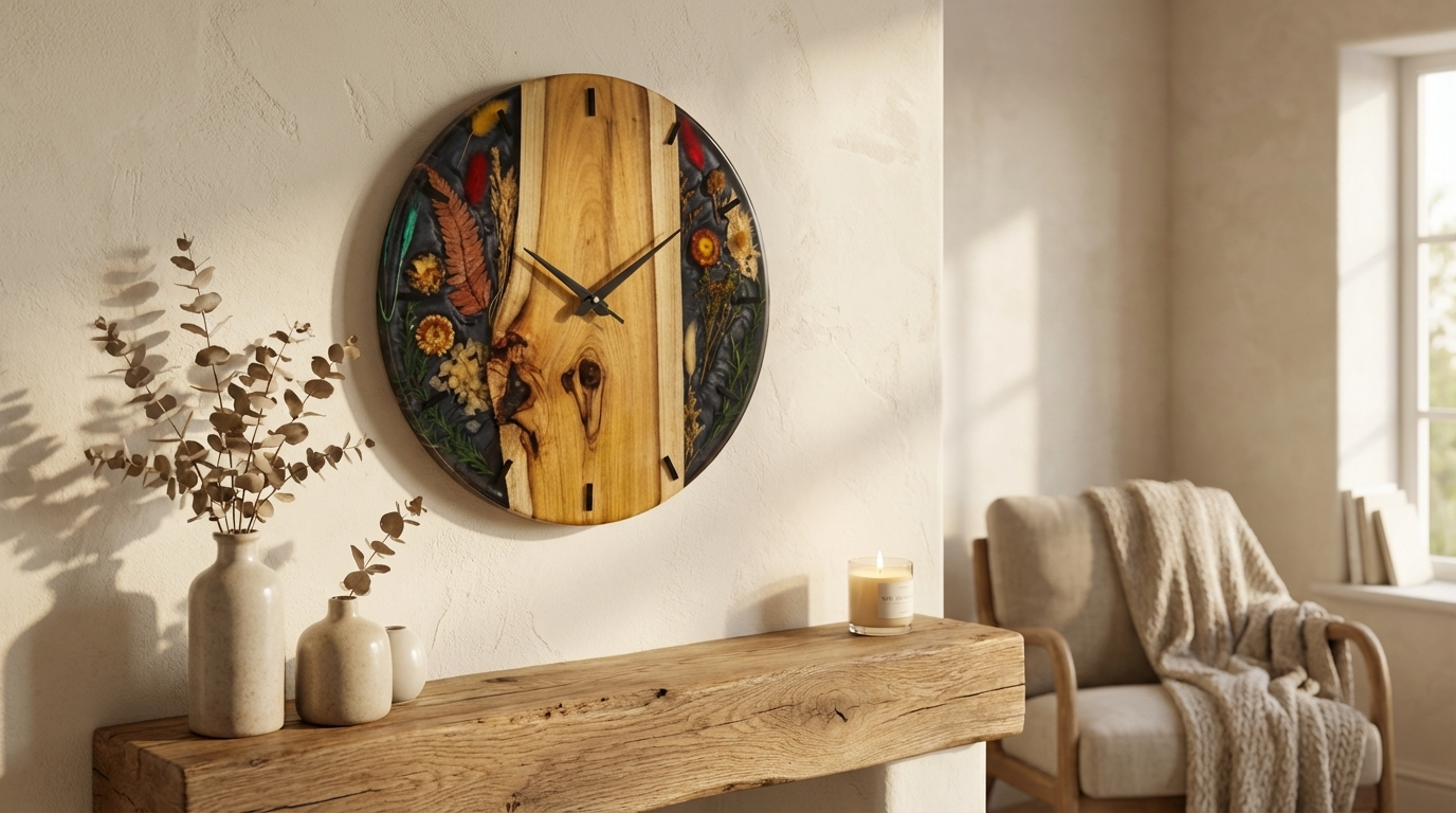 Natural Wood & Black Resin Wall Clock with Dried Flowers - Woods And Knots