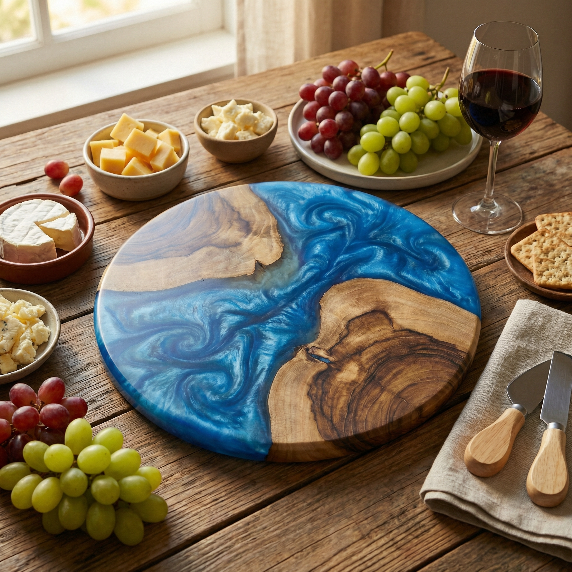 Handcrafted Ocean Blue Epoxy & Live Edge Wood Cheese Board - Woods And Knots