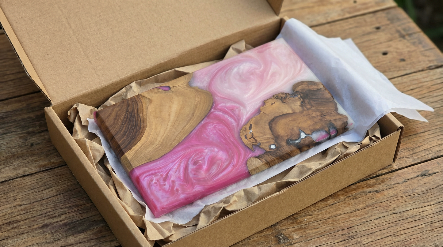 Handcrafted Blush Pink Epoxy & Live Edge Wood Cheese Board - Woods And Knots