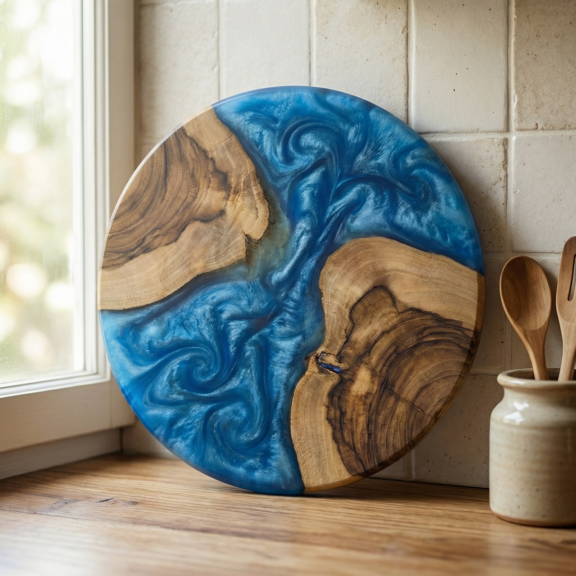 Handcrafted Ocean Blue Epoxy & Live Edge Wood Cheese Board - Woods And Knots