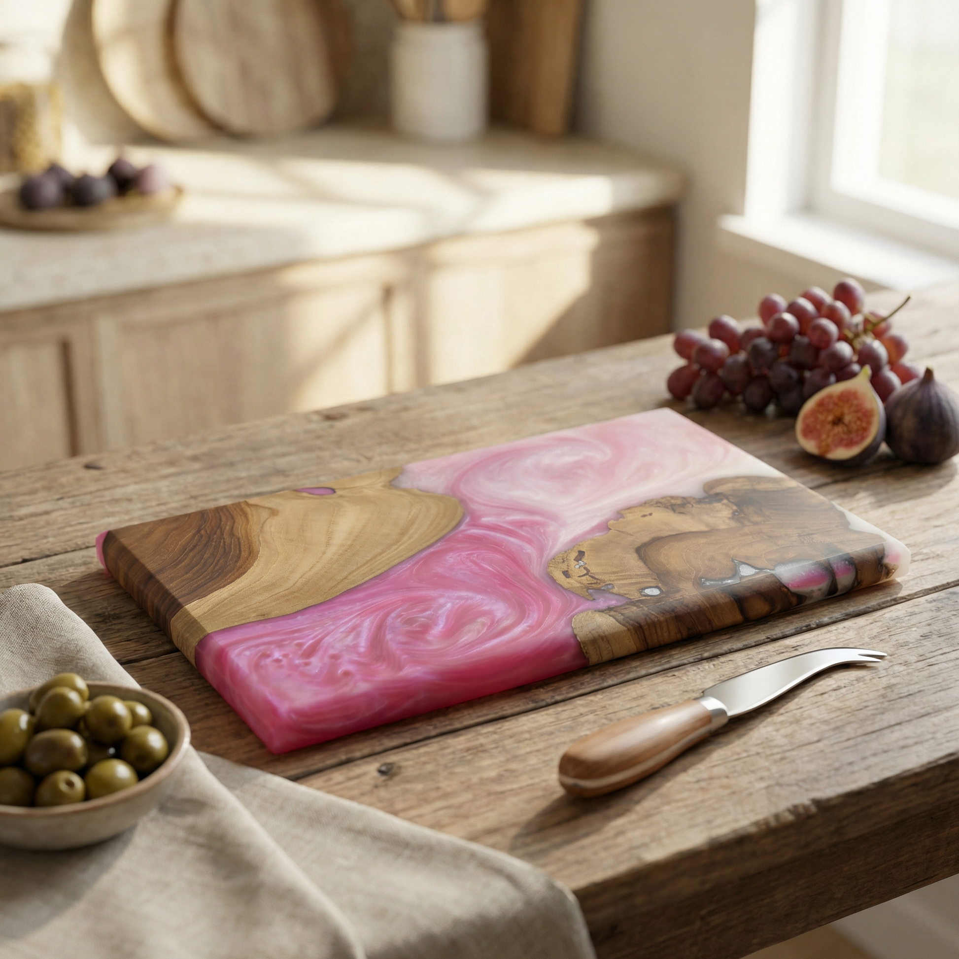 Handcrafted Blush Pink Epoxy & Live Edge Wood Cheese Board - Woods And Knots