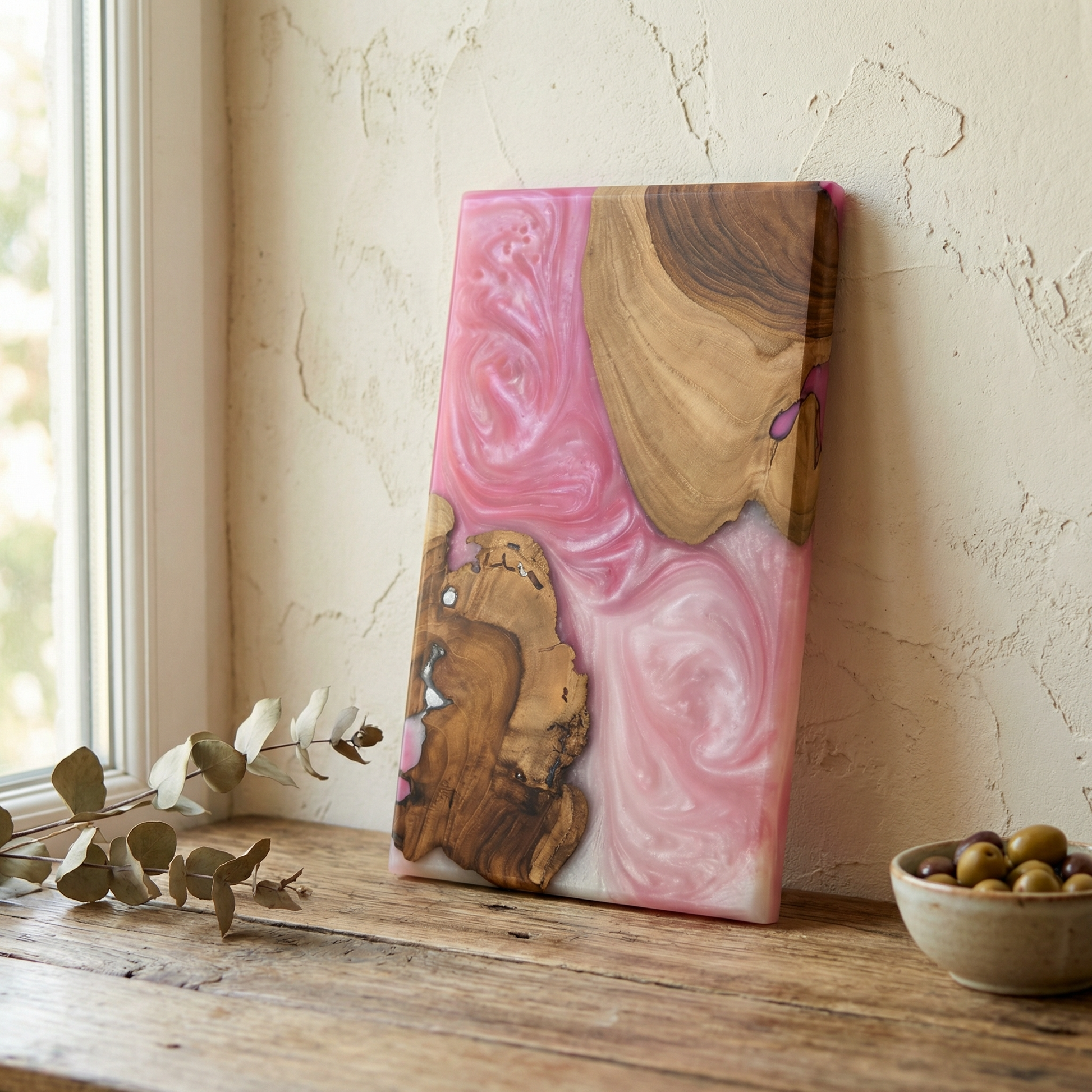 Handcrafted Blush Pink Epoxy & Live Edge Wood Cheese Board - Woods And Knots