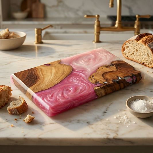 Handcrafted Blush Pink Epoxy & Live Edge Wood Cheese Board - Woods And Knots