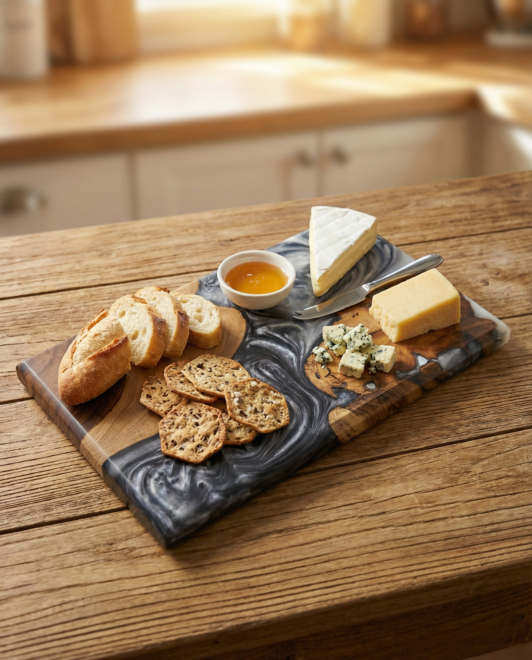 Handcrafted Smoky Grey Epoxy & Live Edge Wood Cheese Board - Woods And Knots