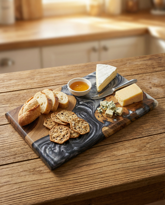 Handcrafted Smoky Grey Epoxy & Live Edge Wood Cheese Board - Woods And Knots