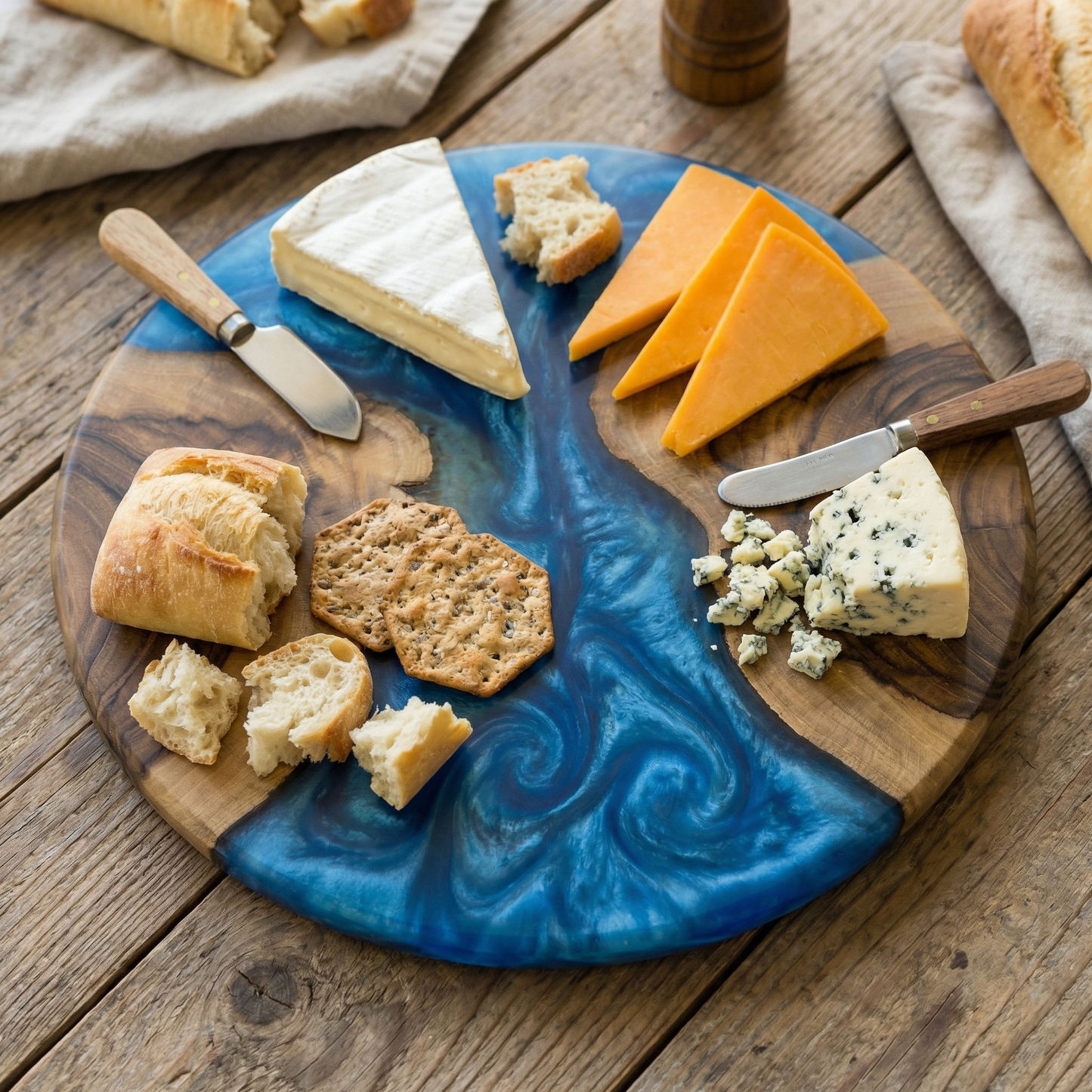 Handcrafted Ocean Blue Epoxy & Live Edge Wood Cheese Board - Woods And Knots