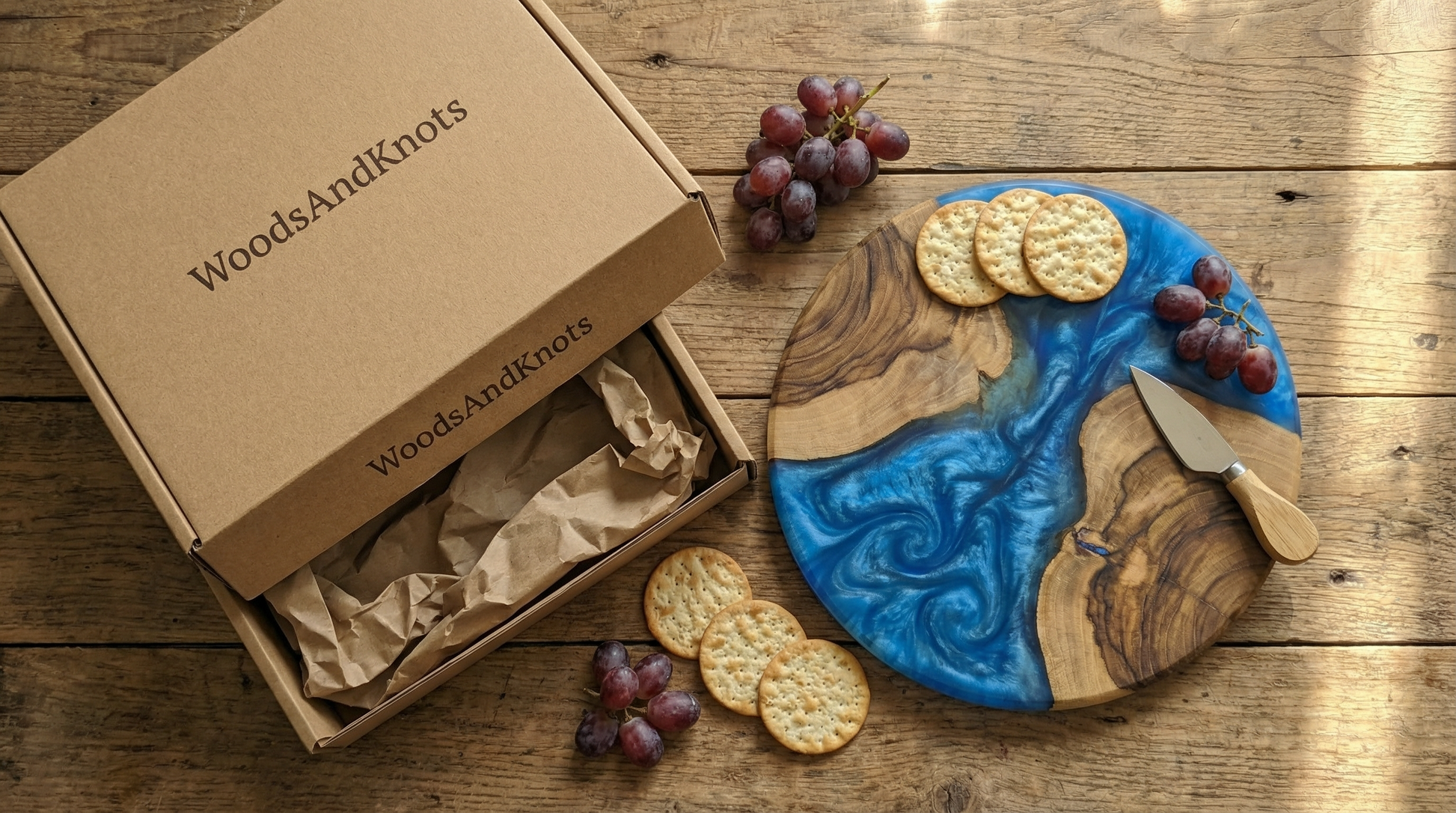 Handcrafted Ocean Blue Epoxy & Live Edge Wood Cheese Board - Woods And Knots