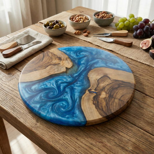 Handcrafted Ocean Blue Epoxy & Live Edge Wood Cheese Board - Woods And Knots
