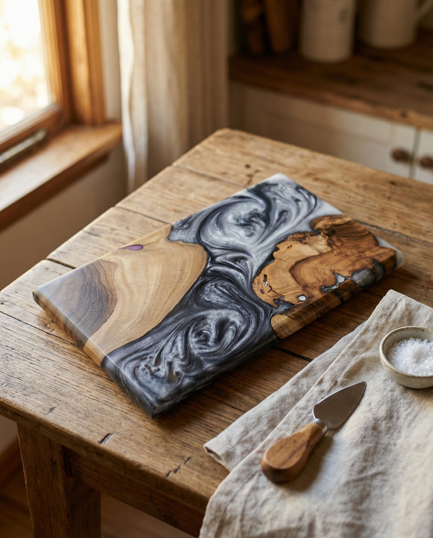 Handcrafted Smoky Grey Epoxy & Live Edge Wood Cheese Board - Woods And Knots