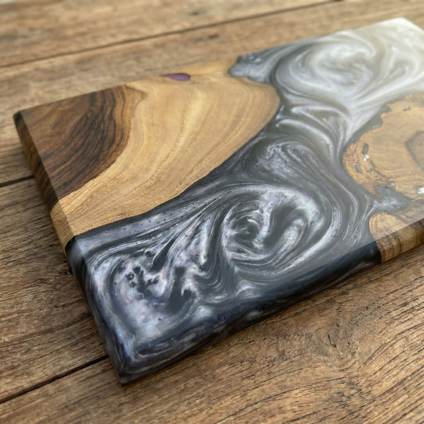 Handcrafted Smoky Grey Epoxy & Live Edge Wood Cheese Board - Woods And Knots