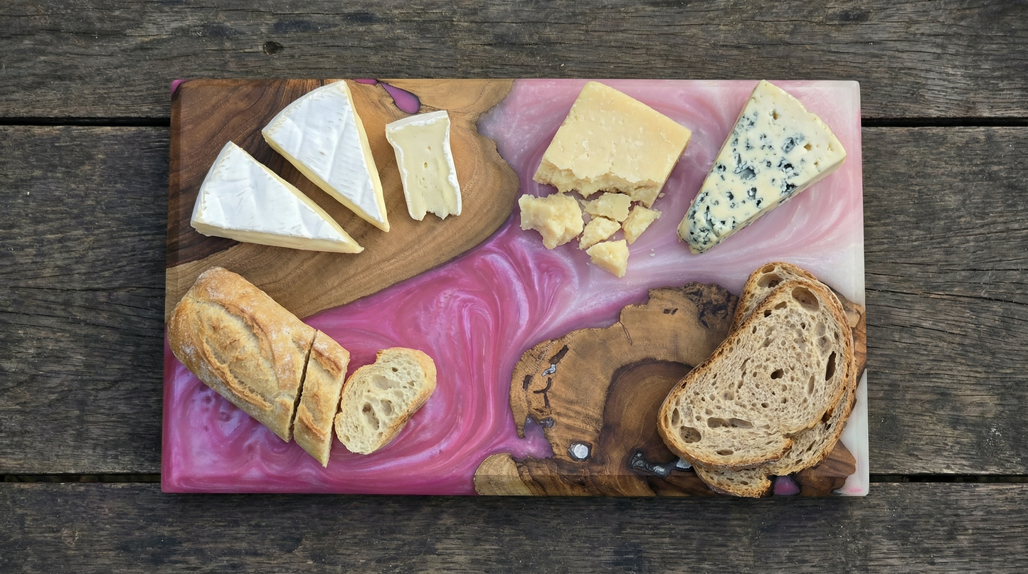 Handcrafted Blush Pink Epoxy & Live Edge Wood Cheese Board - Woods And Knots