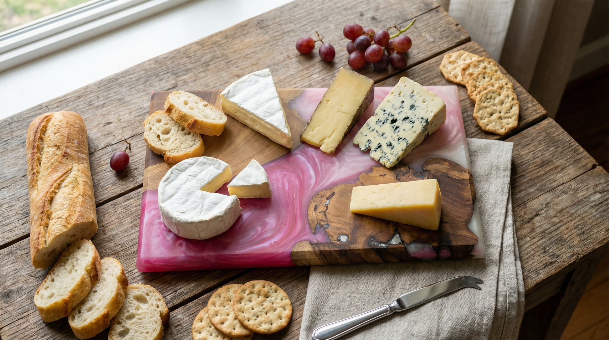 Handcrafted Blush Pink Epoxy & Live Edge Wood Cheese Board - Woods And Knots
