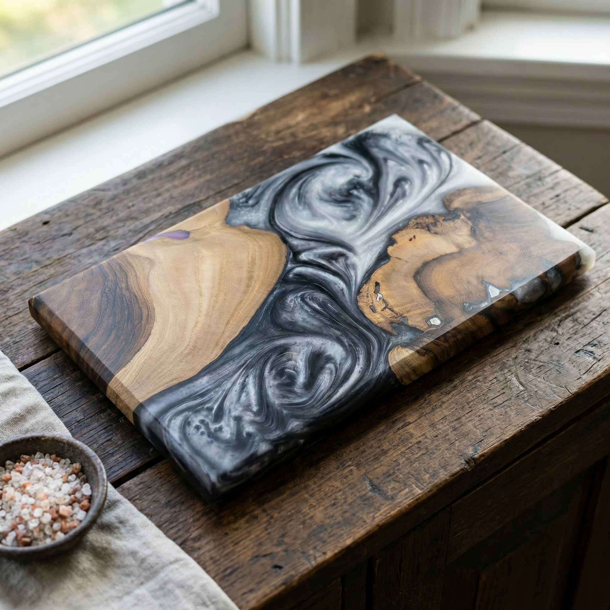 Handcrafted Smoky Grey Epoxy & Live Edge Wood Cheese Board - Woods And Knots