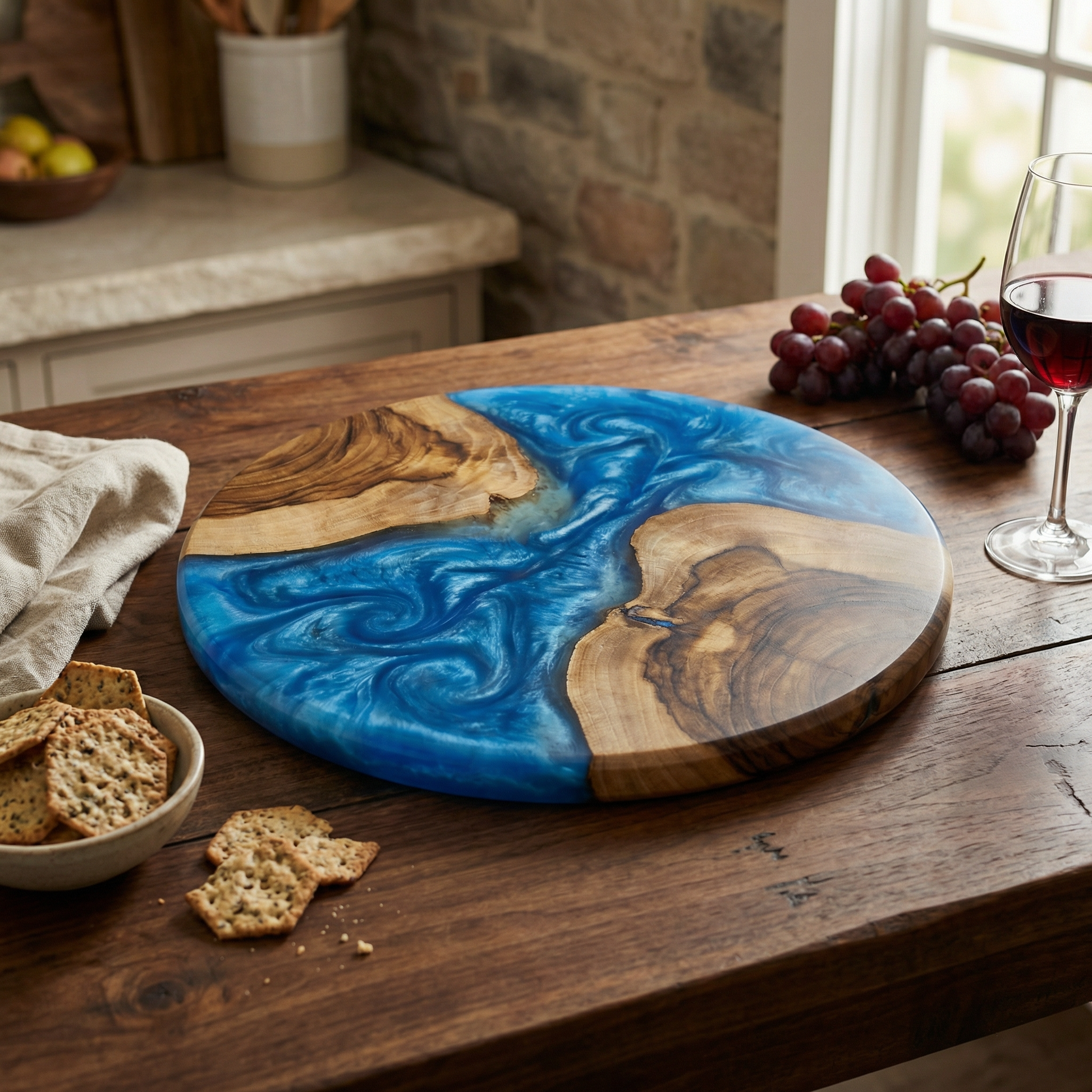 Handcrafted Ocean Blue Epoxy & Live Edge Wood Cheese Board - Woods And Knots