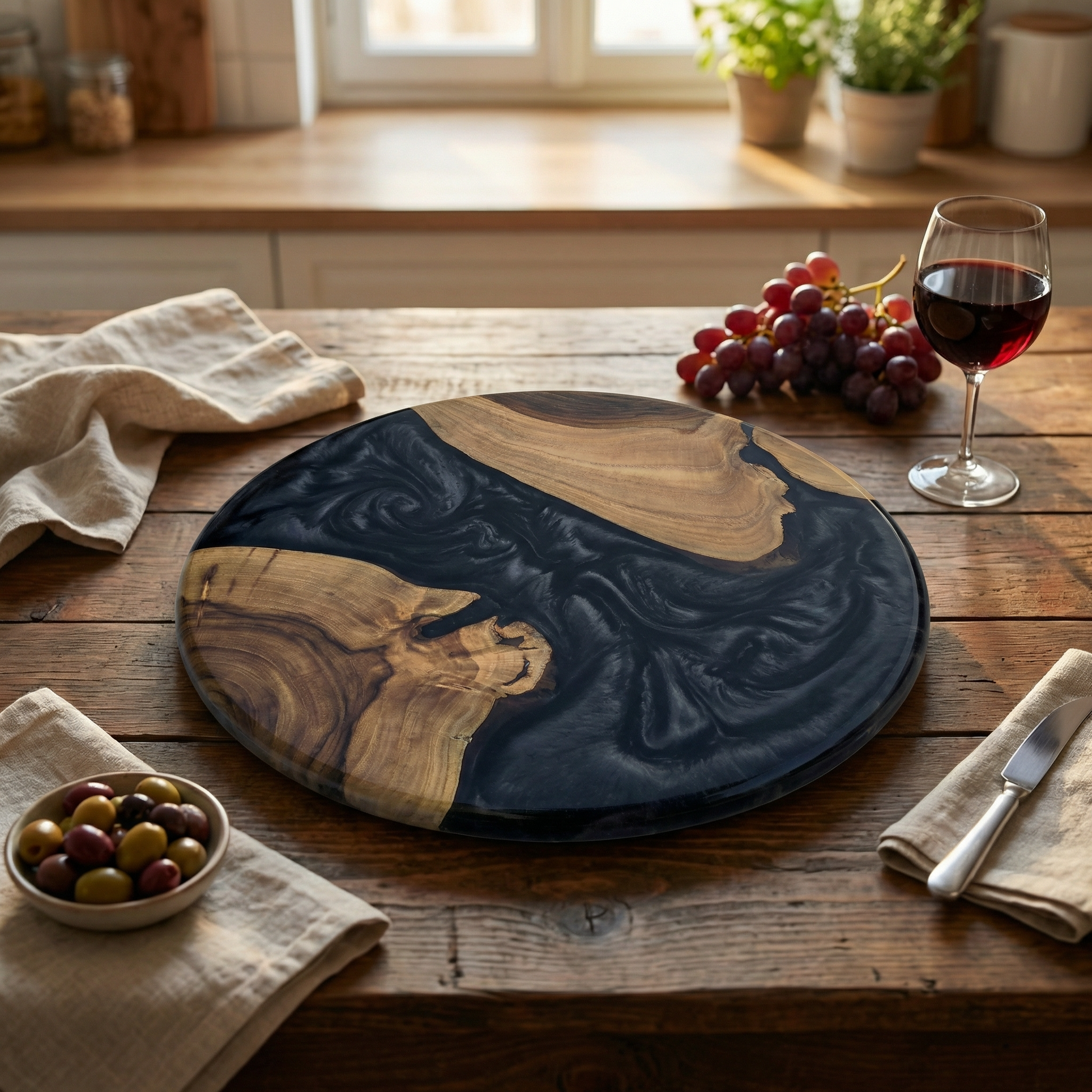 Handcrafted Black Epoxy & Live Edge Wood Cheese Board - Woods And Knots