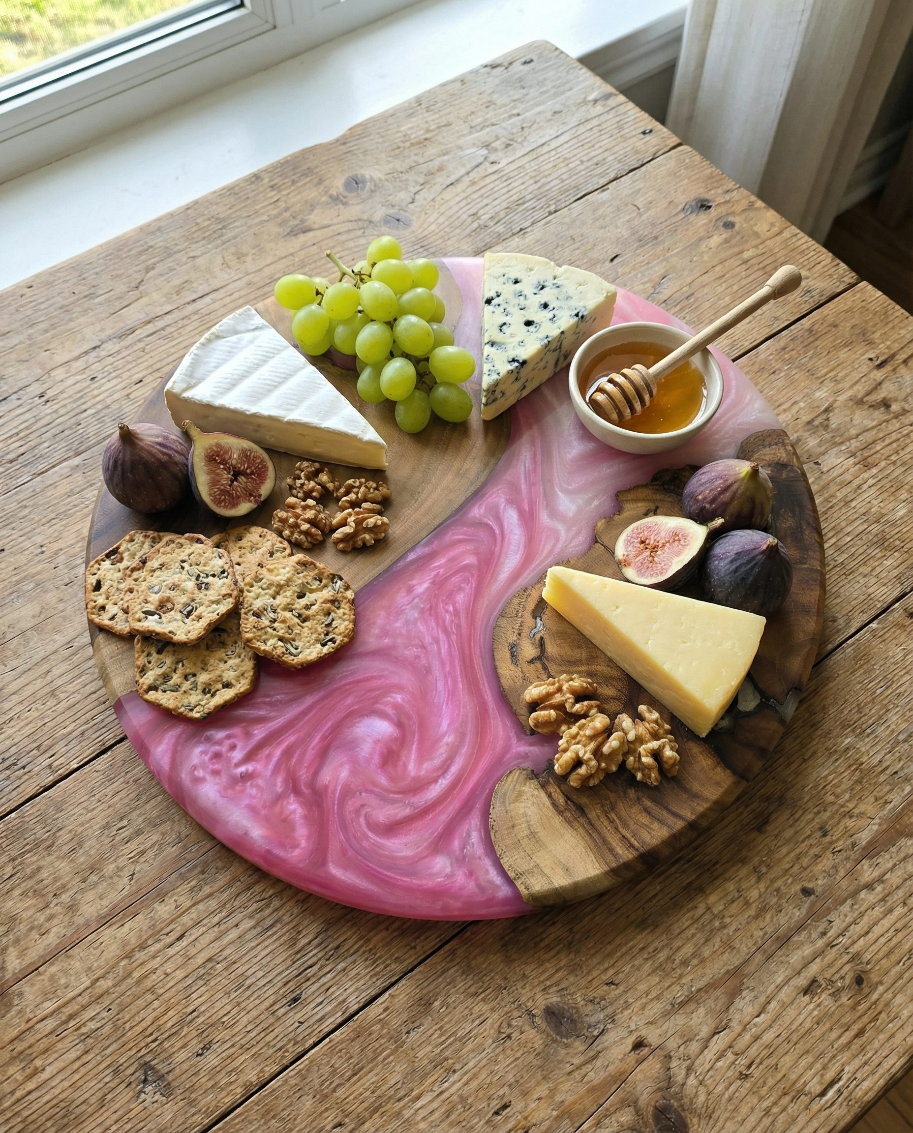 Handcrafted Blush Pink Epoxy & Live Edge Wood Cheese Board - Woods And Knots