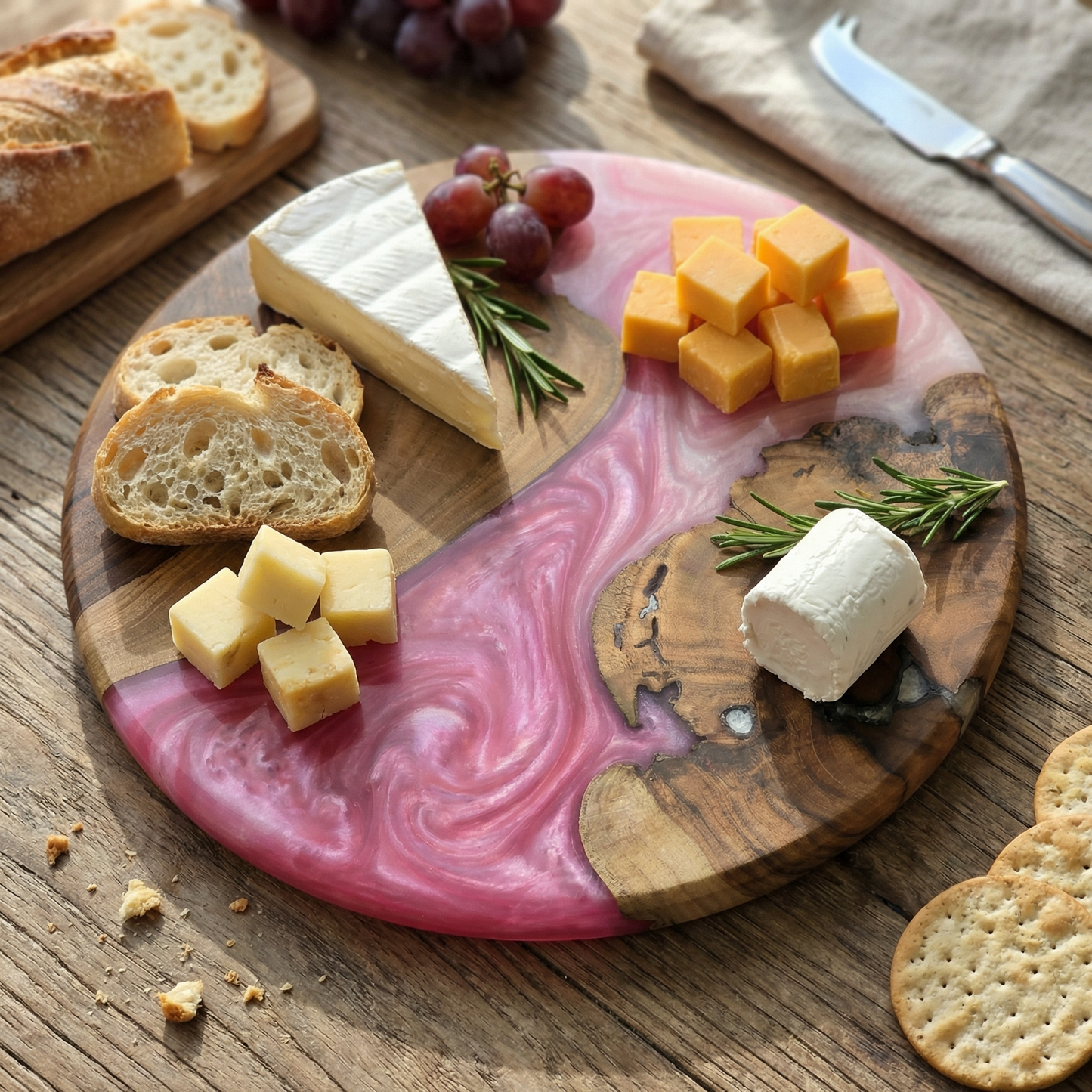 Handcrafted Blush Pink Epoxy & Live Edge Wood Cheese Board - Woods And Knots