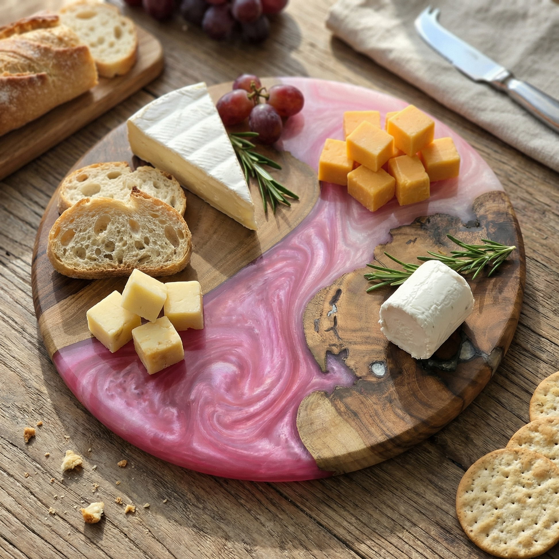 Handcrafted Blush Pink Epoxy & Live Edge Wood Cheese Board - Woods And Knots