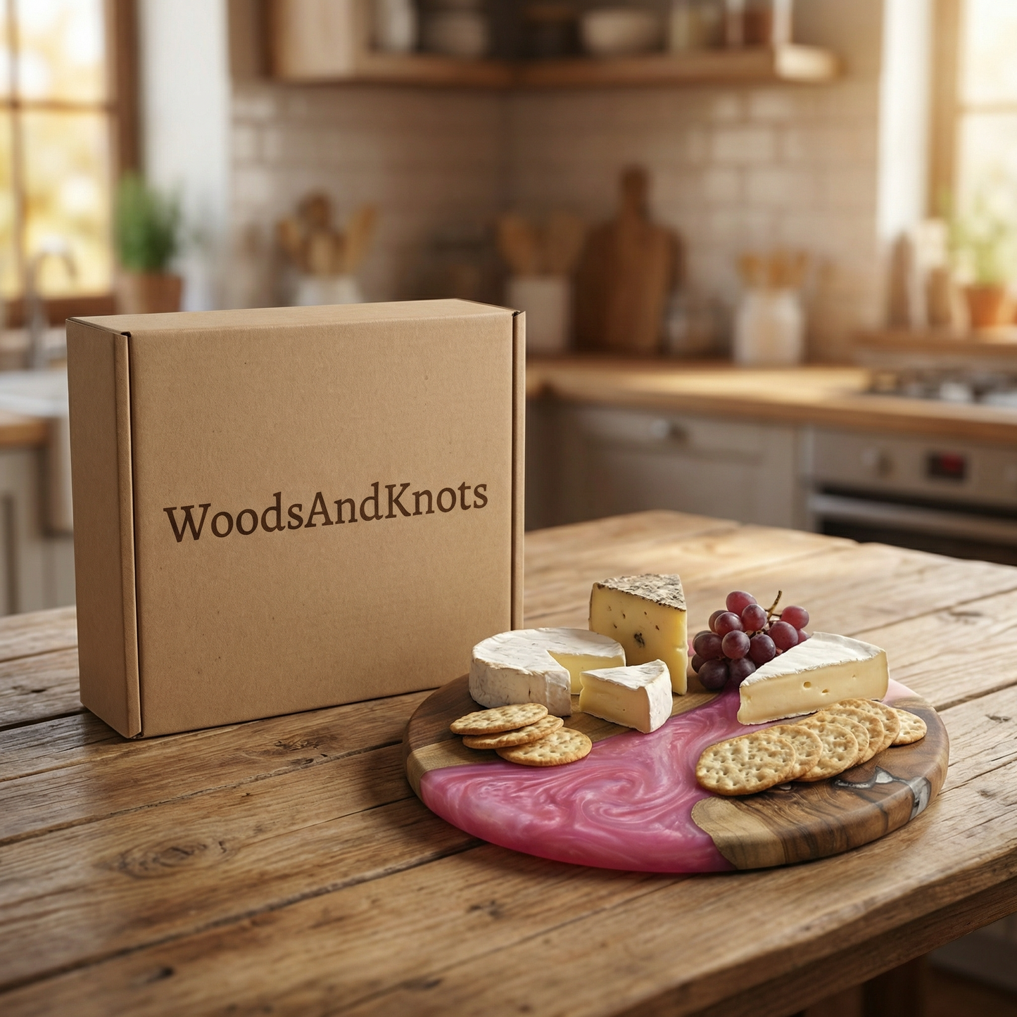 Handcrafted Blush Pink Epoxy & Live Edge Wood Cheese Board - Woods And Knots