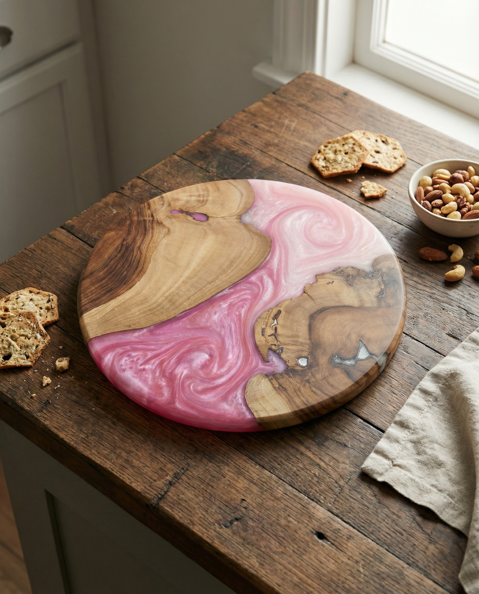 Handcrafted Blush Pink Epoxy & Live Edge Wood Cheese Board - Woods And Knots
