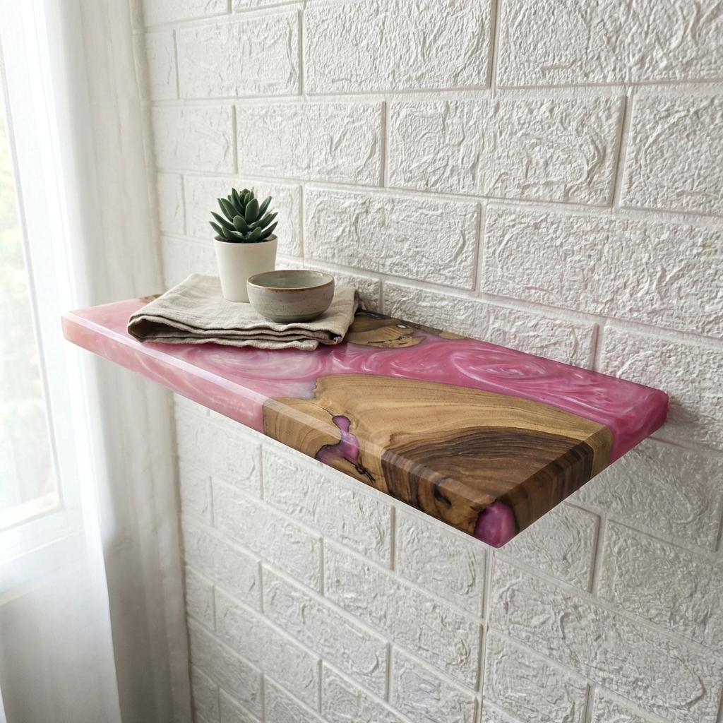 Pink Epoxy Resin Floating Shelf – Handmade Wood Wall Shelf - Woods And Knots
