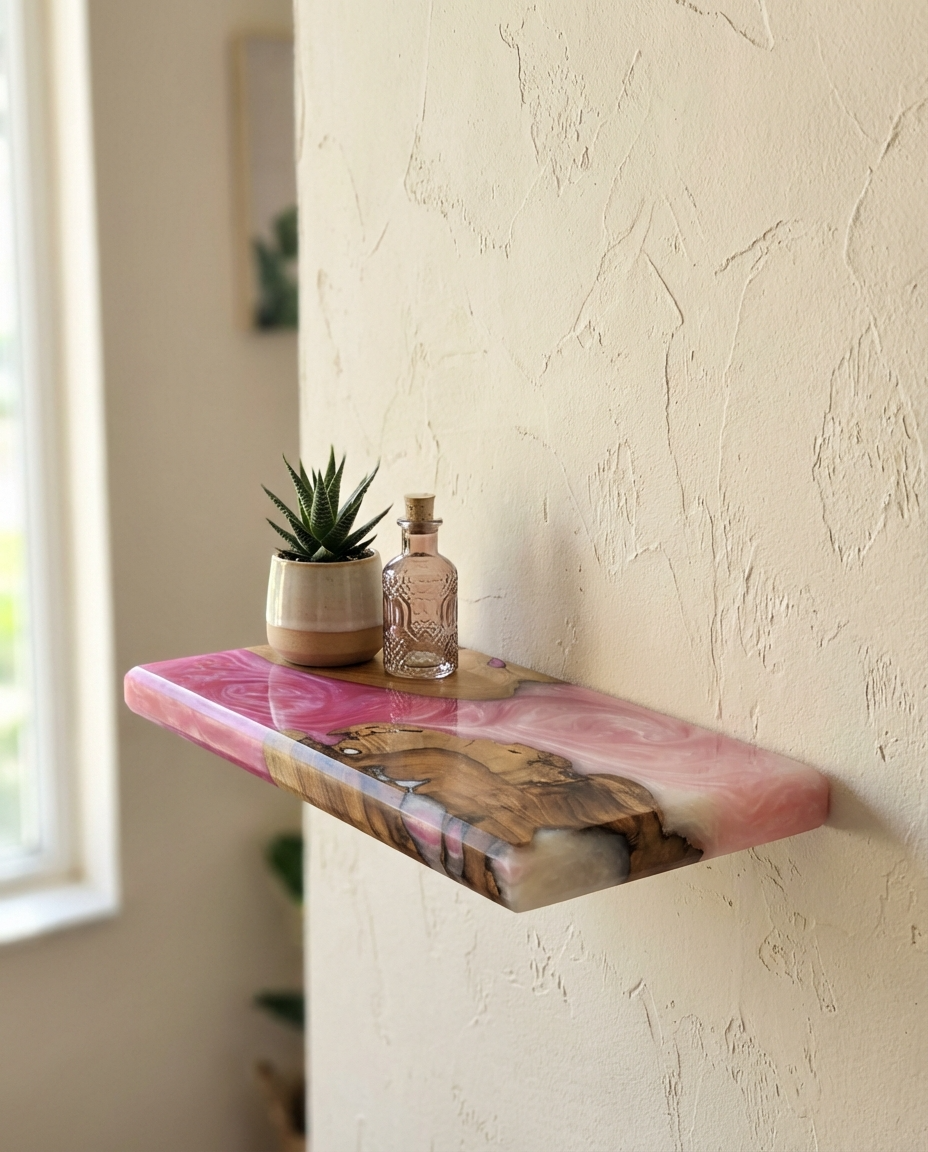 Pink Epoxy Resin Floating Shelf – Handmade Wood Wall Shelf - Woods And Knots