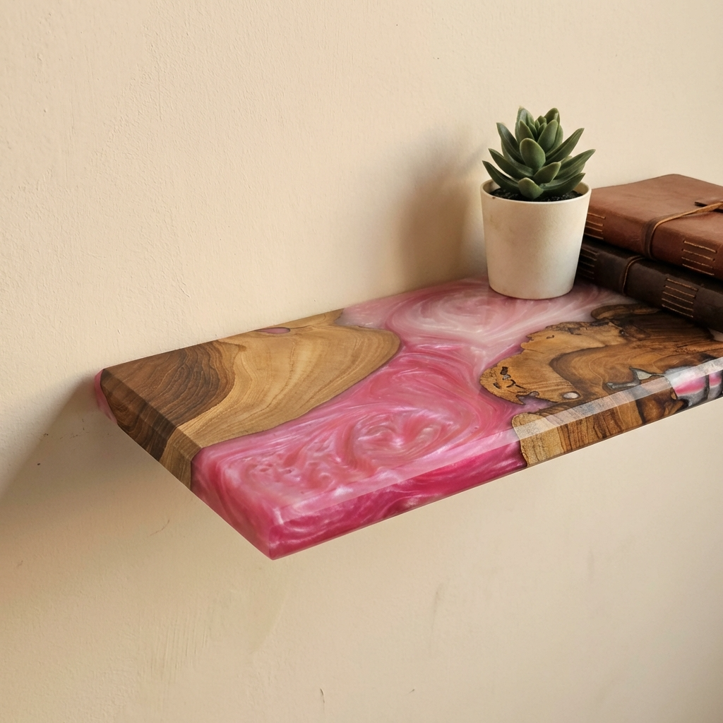 Pink Epoxy Resin Floating Shelf – Handmade Wood Wall Shelf - Woods And Knots