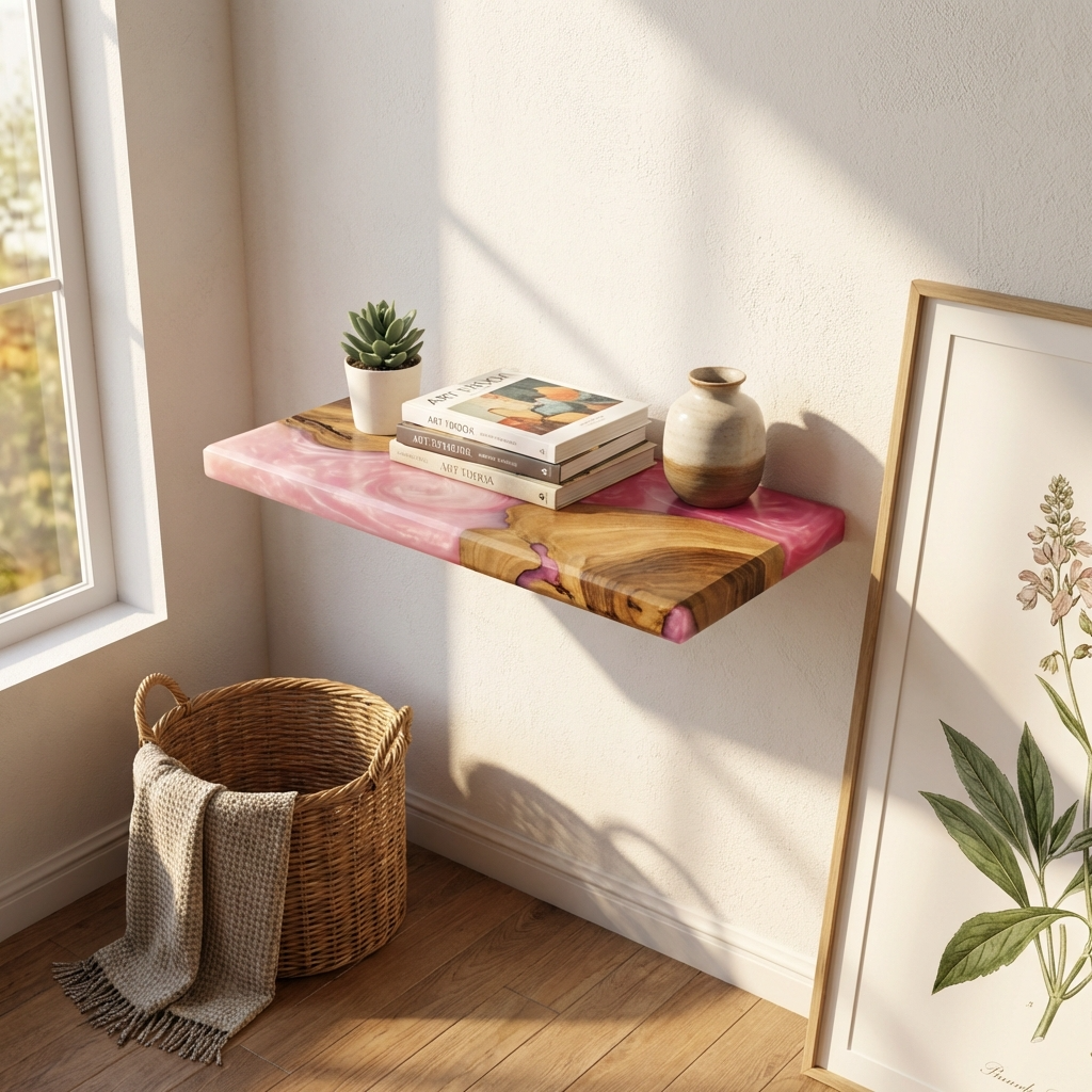 Pink Epoxy Resin Floating Shelf – Handmade Wood Wall Shelf - Woods And Knots