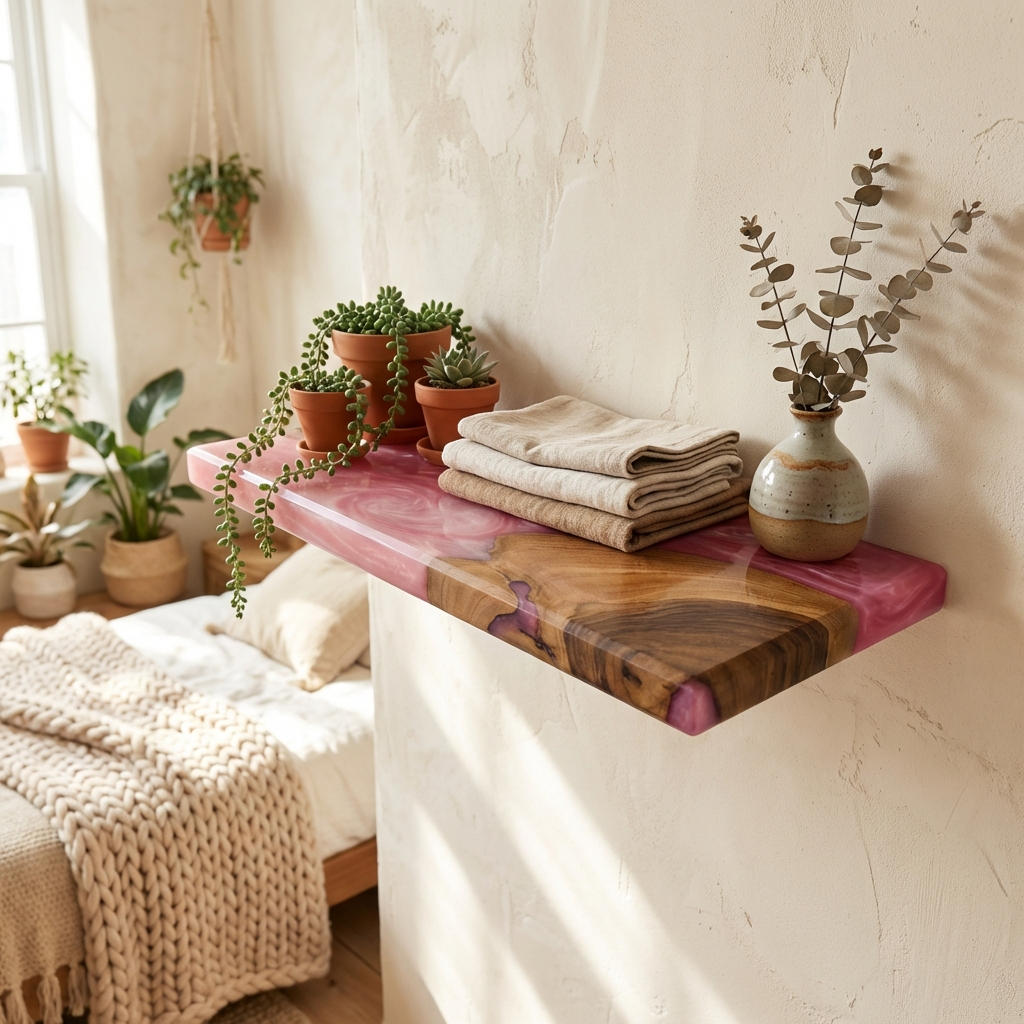 Pink Epoxy Resin Floating Shelf – Handmade Wood Wall Shelf - Woods And Knots