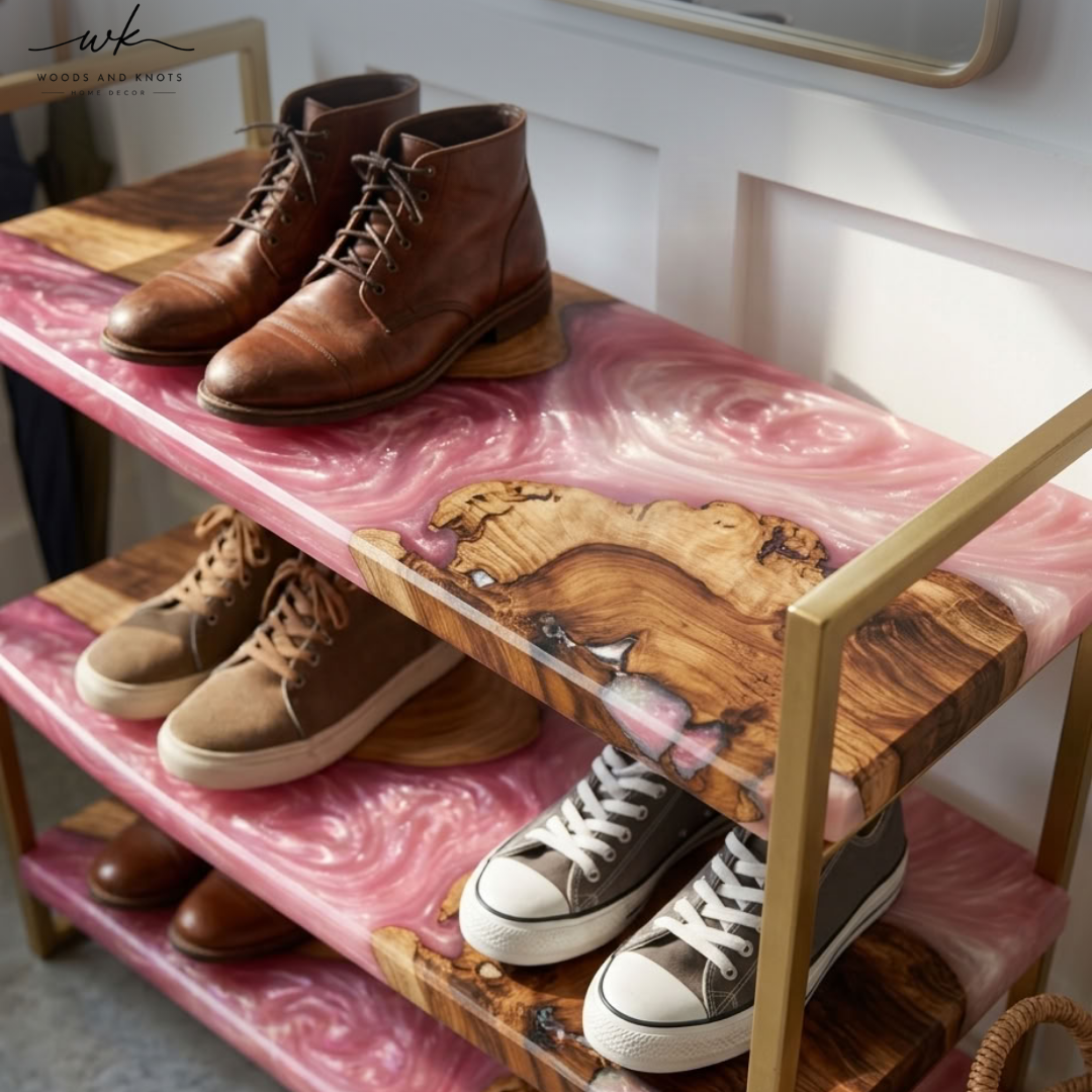 Pink Epoxy Resin & Wood Shoe Rack | 4-Tier Handmade Shoe Organizer