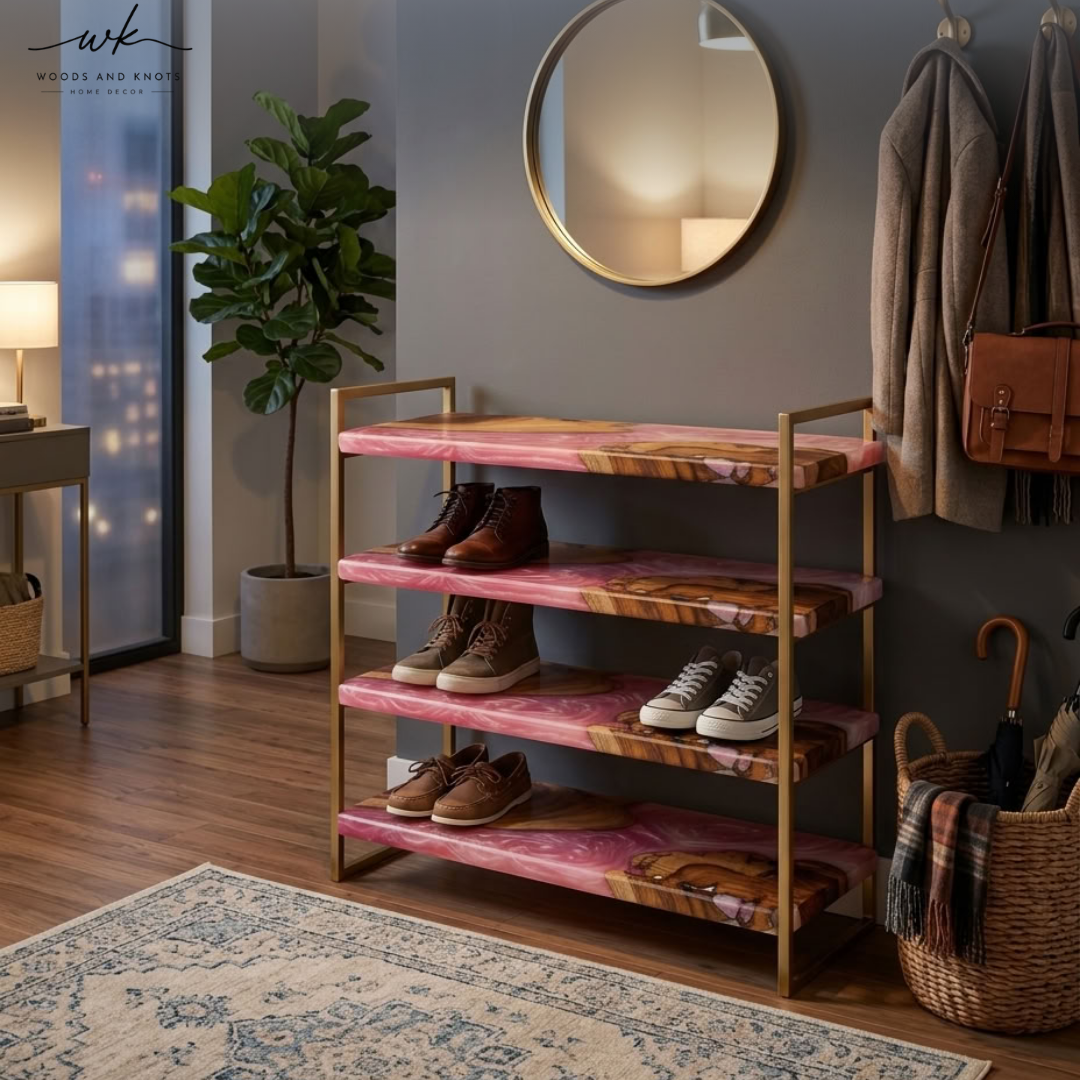Pink Epoxy Resin & Wood Shoe Rack | 4-Tier Handmade Shoe Organizer