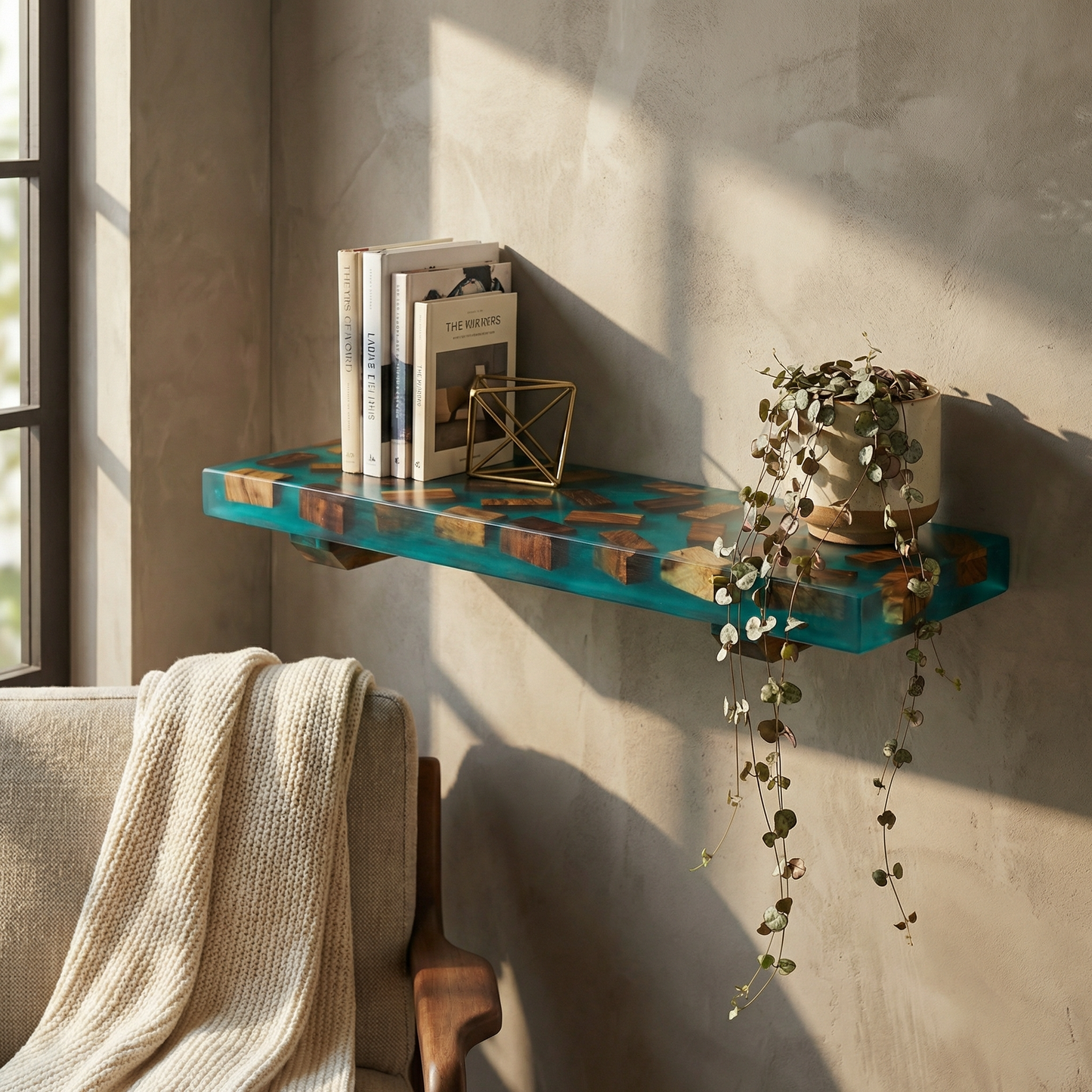 Ocean Resin Floating Wall Shelf with Wood Inlay - Woods And Knots