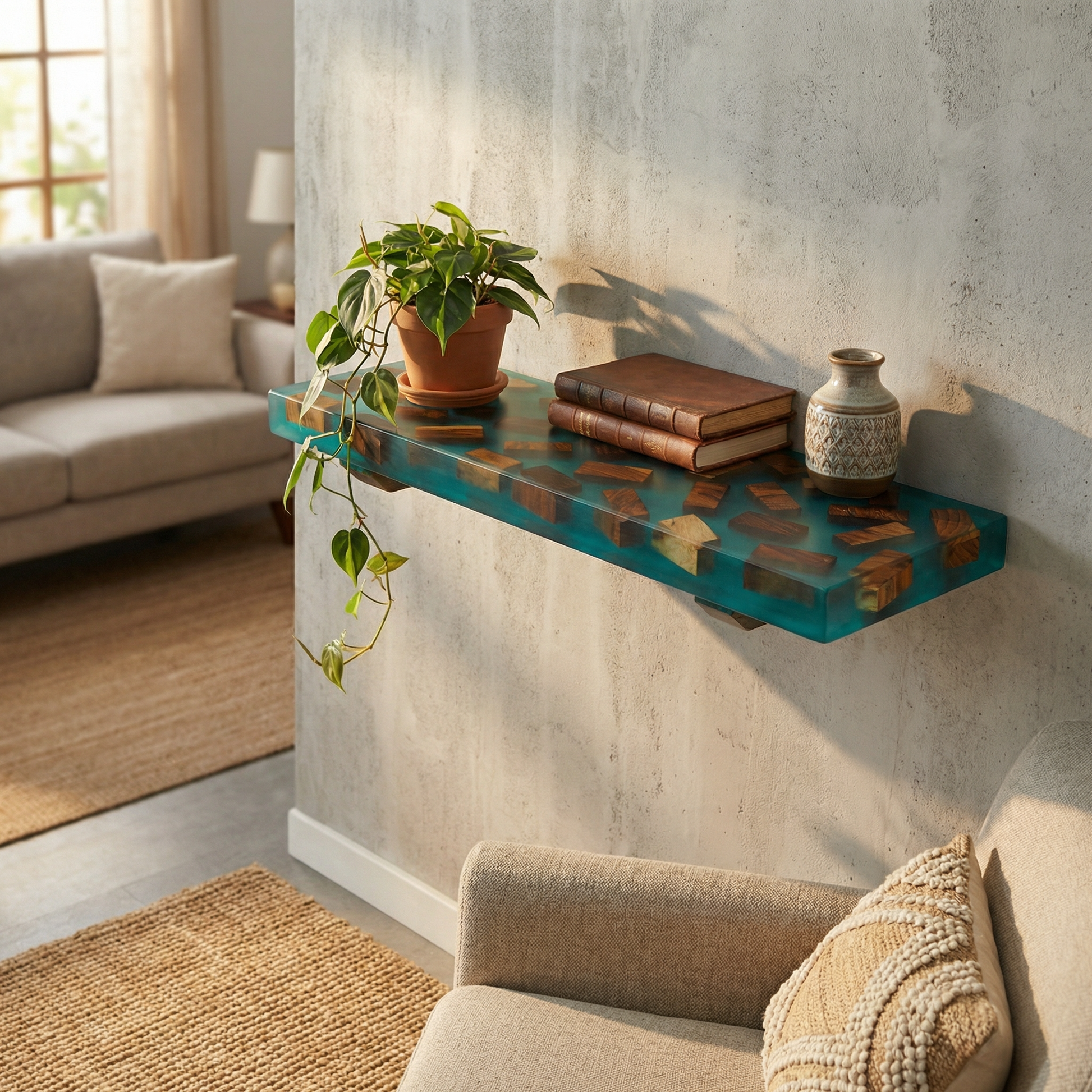 Ocean Resin Floating Wall Shelf with Wood Inlay - Woods And Knots