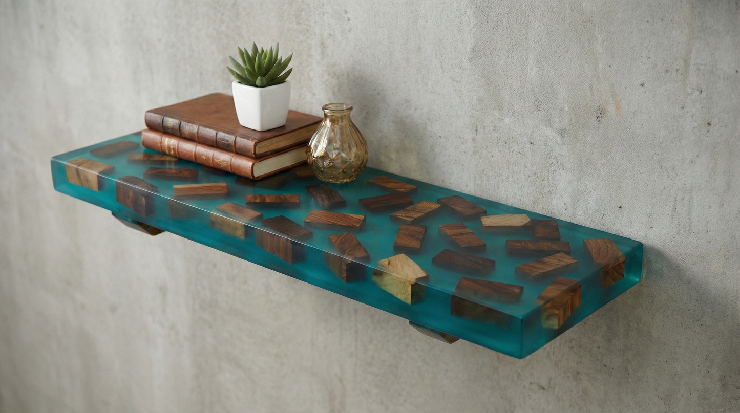 Ocean Resin Floating Wall Shelf with Wood Inlay - Woods And Knots