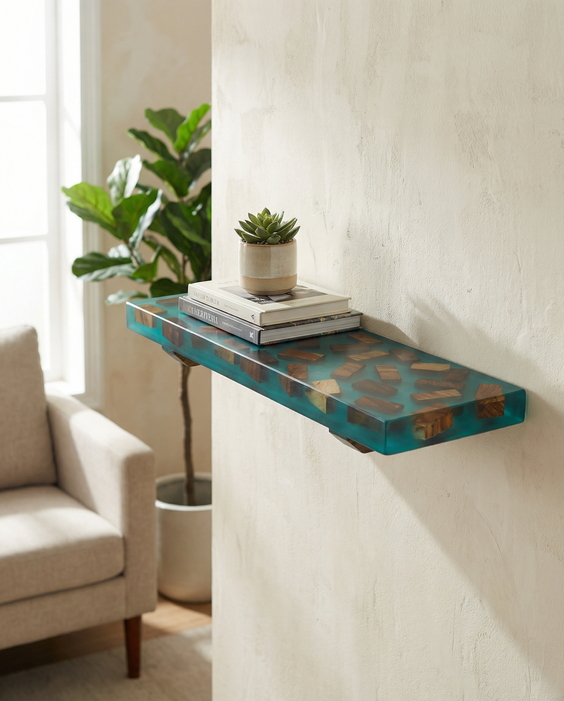 Ocean Resin Floating Wall Shelf with Wood Inlay - Woods And Knots