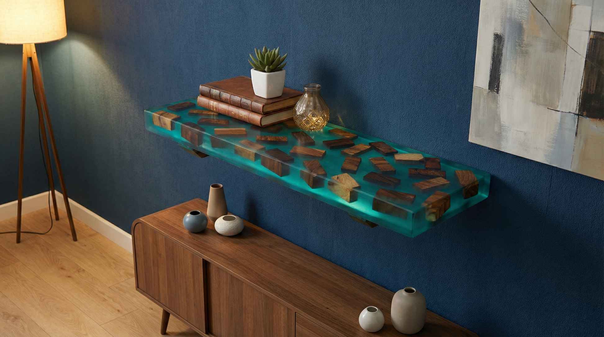 Ocean Resin Floating Wall Shelf with Wood Inlay - Woods And Knots